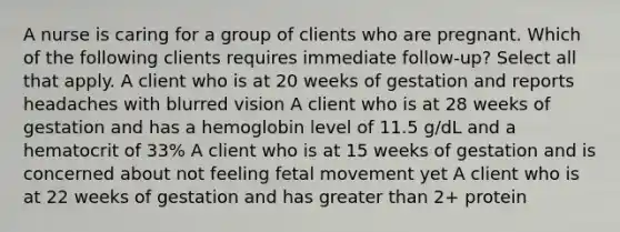 A nurse is caring for a group of clients who are pregnant. Which of the following clients requires immediate follow-up? Select all that apply. A client who is at 20 weeks of gestation and reports headaches with blurred vision A client who is at 28 weeks of gestation and has a hemoglobin level of 11.5 g/dL and a hematocrit of 33% A client who is at 15 weeks of gestation and is concerned about not feeling fetal movement yet A client who is at 22 weeks of gestation and has greater than 2+ protein