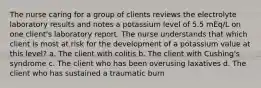 The nurse caring for a group of clients reviews the electrolyte laboratory results and notes a potassium level of 5.5 mEq/L on one client's laboratory report. The nurse understands that which client is most at risk for the development of a potassium value at this level? a. The client with colitis b. The client with Cushing's syndrome c. The client who has been overusing laxatives d. The client who has sustained a traumatic burn