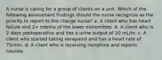 A nurse is caring for a group of clients on a unit. Which of the following assessment findings should the nurse recognize as the priority to report to the charge nurse? a. A client who has heart failure and 2+ edema of the lower extremities. b. A client who is 2 days postoperative and has a urine output of 20 mL/hr. c. A client who started taking verapamil and has a heart rate of 75/min. d. A client who is receiving morphine and reports nausea.