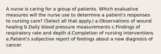 A nurse is caring for a group of patients. Which evaluative measures will the nurse use to determine a patient's responses to nursing care? (Select all that apply.) a.Observations of wound healing b.Daily blood pressure measurements c.Findings of respiratory rate and depth d.Completion of nursing interventions e.Patient's subjective report of feelings about a new diagnosis of cancer