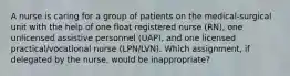 A nurse is caring for a group of patients on the medical-surgical unit with the help of one float registered nurse (RN), one unlicensed assistive personnel (UAP), and one licensed practical/vocational nurse (LPN/LVN). Which assignment, if delegated by the nurse, would be inappropriate?