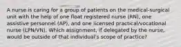 A nurse is caring for a group of patients on the medical-surgical unit with the help of one float registered nurse (RN), one assistive personnel (AP), and one licensed practical/vocational nurse (LPN/VN). Which assignment, if delegated by the nurse, would be outside of that individual's scope of practice?