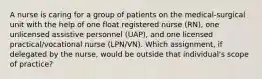 A nurse is caring for a group of patients on the medical-surgical unit with the help of one float registered nurse (RN), one unlicensed assistive personnel (UAP), and one licensed practical/vocational nurse (LPN/VN). Which assignment, if delegated by the nurse, would be outside that individual's scope of practice?