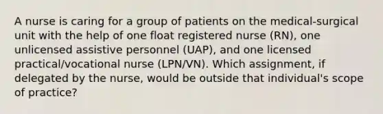 A nurse is caring for a group of patients on the medical-surgical unit with the help of one float registered nurse (RN), one unlicensed assistive personnel (UAP), and one licensed practical/vocational nurse (LPN/VN). Which assignment, if delegated by the nurse, would be outside that individual's scope of practice?