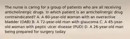 The nurse is caring for a group of patients who are all receiving anticholinergic drugs. In which patient is an anticholinergic drug contraindicated? A. A 60-year-old woman with an overactive bladder (OAB) B. A 72-year-old man with glaucoma C. A 45-year-old woman with peptic ulcer disease (PUD) D. A 26-year-old man being prepared for surgery today