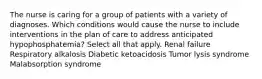 The nurse is caring for a group of patients with a variety of diagnoses. Which conditions would cause the nurse to include interventions in the plan of care to address anticipated hypophosphatemia? Select all that apply. Renal failure Respiratory alkalosis Diabetic ketoacidosis Tumor lysis syndrome Malabsorption syndrome