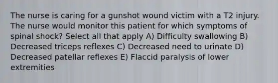 The nurse is caring for a gunshot wound victim with a T2 injury. The nurse would monitor this patient for which symptoms of spinal shock? Select all that apply A) Difficulty swallowing B) Decreased triceps reflexes C) Decreased need to urinate D) Decreased patellar reflexes E) Flaccid paralysis of lower extremities