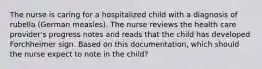 The nurse is caring for a hospitalized child with a diagnosis of rubella (German measles). The nurse reviews the health care provider's progress notes and reads that the child has developed Forchheimer sign. Based on this documentation, which should the nurse expect to note in the child?