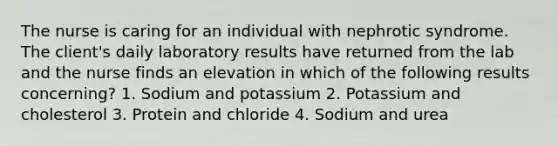 The nurse is caring for an individual with nephrotic syndrome. The client's daily laboratory results have returned from the lab and the nurse finds an elevation in which of the following results concerning? 1. Sodium and potassium 2. Potassium and cholesterol 3. Protein and chloride 4. Sodium and urea