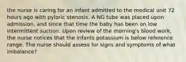 the nurse is caring for an infant admitted to the medical unit 72 hours ago with pyloric stenosis. A NG tube was placed upon admission, and since that time the baby has been on low intermittent suction. Upon review of the morning's blood work, the nurse notices that the infants potassium is below reference range. The nurse should assess for signs and symptoms of what imbalance?