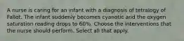 A nurse is caring for an infant with a diagnosis of tetralogy of Fallot. The infant suddenly becomes cyanotic and the oxygen saturation reading drops to 60%. Choose the interventions that the nurse should perform. Select all that apply.