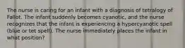 The nurse is caring for an infant with a diagnosis of tetralogy of Fallot. The infant suddenly becomes cyanotic, and the nurse recognizes that the infant is experiencing a hypercyanotic spell (blue or tet spell). The nurse immediately places the infant in what position?