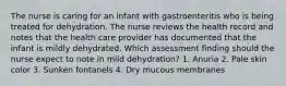 The nurse is caring for an infant with gastroenteritis who is being treated for dehydration. The nurse reviews the health record and notes that the health care provider has documented that the infant is mildly dehydrated. Which assessment finding should the nurse expect to note in mild dehydration? 1. Anuria 2. Pale skin color 3. Sunken fontanels 4. Dry mucous membranes