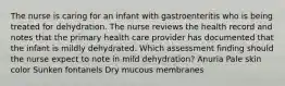 The nurse is caring for an infant with gastroenteritis who is being treated for dehydration. The nurse reviews the health record and notes that the primary health care provider has documented that the infant is mildly dehydrated. Which assessment finding should the nurse expect to note in mild dehydration? Anuria Pale skin color Sunken fontanels Dry mucous membranes