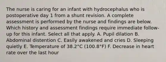 The nurse is caring for an infant with hydrocephalus who is postoperative day 1 from a shunt revision. A complete assessment is performed by the nurse and findings are below. Which history and assessment findings require immediate follow-up for this infant. Select all that apply. A. Pupil dilation B. Abdominal distention C. Easily awakened and cries D. Sleeping quietly E. Temperature of 38.2°C (100.8°F) F. Decrease in heart rate over the last hour