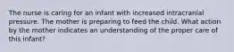 The nurse is caring for an infant with increased intracranial pressure. The mother is preparing to feed the child. What action by the mother indicates an understanding of the proper care of this infant?