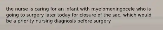 the nurse is caring for an infant with myelomeningocele who is going to surgery later today for closure of the sac. which would be a priority nursing diagnosis before surgery