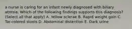 a nurse is caring for an infant newly diagnosed with biliary atresia. Which of the following findings supports this diagnosis? (Select all that apply) A. Yellow sclerae B. Rapid weight gain C. Tar-colored stools D. Abdominal distention E. Dark urine