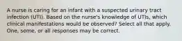 A nurse is caring for an infant with a suspected urinary tract infection (UTI). Based on the nurse's knowledge of UTIs, which clinical manifestations would be observed? Select all that apply. One, some, or all responses may be correct.