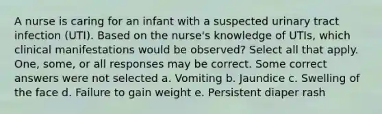 A nurse is caring for an infant with a suspected urinary tract infection (UTI). Based on the nurse's knowledge of UTIs, which clinical manifestations would be observed? Select all that apply. One, some, or all responses may be correct. Some correct answers were not selected a. Vomiting b. Jaundice c. Swelling of the face d. Failure to gain weight e. Persistent diaper rash