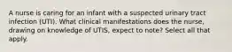 A nurse is caring for an infant with a suspected urinary tract infection (UTI). What clinical manifestations does the nurse, drawing on knowledge of UTIS, expect to note? Select all that apply.