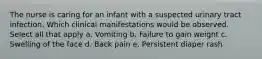 The nurse is caring for an infant with a suspected urinary tract infection. Which clinical manifestations would be observed. Select all that apply a. Vomiting b. Failure to gain weight c. Swelling of the face d. Back pain e. Persistent diaper rash