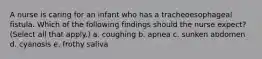 A nurse is caring for an infant who has a tracheoesophageal fistula. Which of the following findings should the nurse expect? (Select all that apply.) a. coughing b. apnea c. sunken abdomen d. cyanosis e. frothy saliva