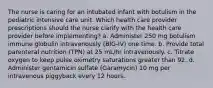 The nurse is caring for an intubated infant with botulism in the pediatric intensive care unit. Which health care provider prescriptions should the nurse clarify with the health care provider before implementing? a. Administer 250 mg botulism immune globulin intravenously (BIG-IV) one time. b. Provide total parenteral nutrition (TPN) at 25 mL/hr intravenously. c. Titrate oxygen to keep pulse oximetry saturations greater than 92. d. Administer gentamicin sulfate (Garamycin) 10 mg per intravenous piggyback every 12 hours.