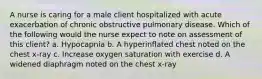 A nurse is caring for a male client hospitalized with acute exacerbation of chronic obstructive pulmonary disease. Which of the following would the nurse expect to note on assessment of this client? a. Hypocapnia b. A hyperinflated chest noted on the chest x-ray c. Increase oxygen saturation with exercise d. A widened diaphragm noted on the chest x-ray