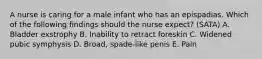 A nurse is caring for a male infant who has an epispadias. Which of the following findings should the nurse expect? (SATA) A. Bladder exstrophy B. Inability to retract foreskin C. Widened pubic symphysis D. Broad, spade-like penis E. Pain