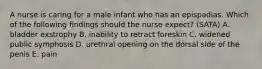 A nurse is caring for a male infant who has an epispadias. Which of the following findings should the nurse expect? (SATA) A. bladder exstrophy B. inability to retract foreskin C. widened public symphosis D. urethral opening on the dorsal side of the penis E. pain