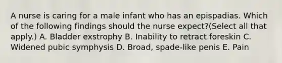 A nurse is caring for a male infant who has an epispadias. Which of the following findings should the nurse expect?(Select all that apply.) A. Bladder exstrophy B. Inability to retract foreskin C. Widened pubic symphysis D. Broad, spade-like penis E. Pain