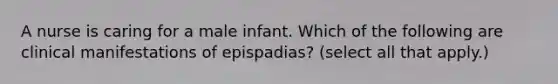 A nurse is caring for a male infant. Which of the following are clinical manifestations of epispadias? (select all that apply.)