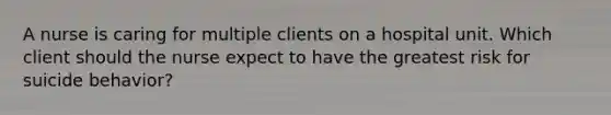 A nurse is caring for multiple clients on a hospital unit. Which client should the nurse expect to have the greatest risk for suicide behavior?