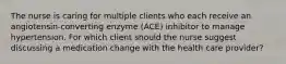 The nurse is caring for multiple clients who each receive an angiotensin-converting enzyme (ACE) inhibitor to manage hypertension. For which client should the nurse suggest discussing a medication change with the health care provider?