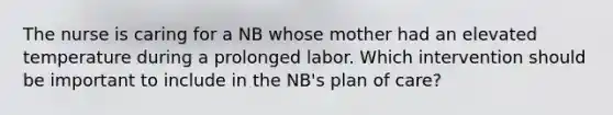 The nurse is caring for a NB whose mother had an elevated temperature during a prolonged labor. Which intervention should be important to include in the NB's plan of care?