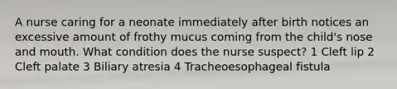 A nurse caring for a neonate immediately after birth notices an excessive amount of frothy mucus coming from the child's nose and mouth. What condition does the nurse suspect? 1 Cleft lip 2 Cleft palate 3 Biliary atresia 4 Tracheoesophageal fistula