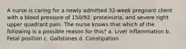 A nurse is caring for a newly admitted 32-week pregnant client with a blood pressure of 150/92, proteinuria, and severe right upper quadrant pain. The nurse knows that which of the following is a possible reason for this? a. Liver inflammation b. Fetal position c. Gallstones d. Constipation