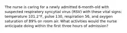 The nurse is caring for a newly admitted 6-month-old with suspected respiratory syncytial virus (RSV) with these vital signs: temperature 101.2°F, pulse 130, respiration 56, and oxygen saturation of 89% on room air. What activities would the nurse anticipate doing within the first three hours of admission?