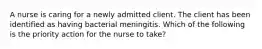 A nurse is caring for a newly admitted client. The client has been identified as having bacterial meningitis. Which of the following is the priority action for the nurse to take?