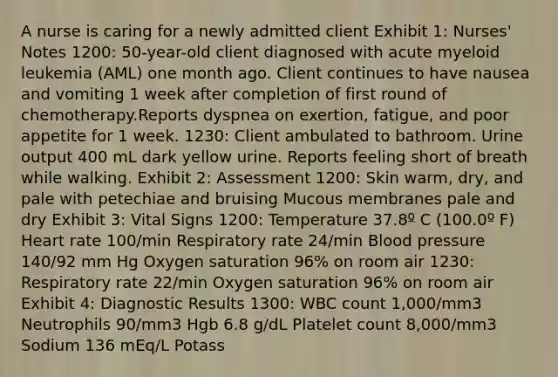 A nurse is caring for a newly admitted client Exhibit 1: Nurses' Notes 1200: 50-year-old client diagnosed with acute myeloid leukemia (AML) one month ago. Client continues to have nausea and vomiting 1 week after completion of first round of chemotherapy.Reports dyspnea on exertion, fatigue, and poor appetite for 1 week. 1230: Client ambulated to bathroom. Urine output 400 mL dark yellow urine. Reports feeling short of breath while walking. Exhibit 2: Assessment 1200: Skin warm, dry, and pale with petechiae and bruising Mucous membranes pale and dry Exhibit 3: Vital Signs 1200: Temperature 37.8º C (100.0º F) Heart rate 100/min Respiratory rate 24/min Blood pressure 140/92 mm Hg Oxygen saturation 96% on room air 1230: Respiratory rate 22/min Oxygen saturation 96% on room air Exhibit 4: Diagnostic Results 1300: WBC count 1,000/mm3 Neutrophils 90/mm3 Hgb 6.8 g/dL Platelet count 8,000/mm3 Sodium 136 mEq/L Potass