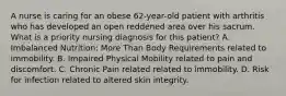 A nurse is caring for an obese 62-year-old patient with arthritis who has developed an open reddened area over his sacrum. What is a priority nursing diagnosis for this patient? A. Imbalanced Nutrition: More Than Body Requirements related to immobility. B. Impaired Physical Mobility related to pain and discomfort. C. Chronic Pain related related to immobility. D. Risk for infection related to altered skin integrity.