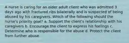 A nurse is caring for an older adult client who was admitted 3 days ago with fractured ribs bilaterally and is suspected of being abused by his caregivers. Which of the following should the nurse's priority goal? a. Support the client's relationship with his caregivers b. Encourage the client to express his feelings c. Determine who is responsible for the abuse d. Protect the client from further abuse