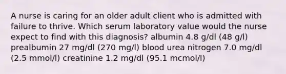 A nurse is caring for an older adult client who is admitted with failure to thrive. Which serum laboratory value would the nurse expect to find with this diagnosis? albumin 4.8 g/dl (48 g/l) prealbumin 27 mg/dl (270 mg/l) blood urea nitrogen 7.0 mg/dl (2.5 mmol/l) creatinine 1.2 mg/dl (95.1 mcmol/l)