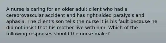 A nurse is caring for an older adult client who had a cerebrovascular accident and has right-sided paralysis and aphasia. The client's son tells the nurse it is his fault because he did not insist that his mother live with him. Which of the following responses should the nurse make?