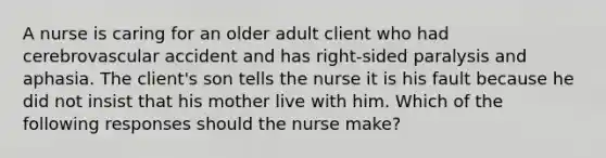 A nurse is caring for an older adult client who had cerebrovascular accident and has right-sided paralysis and aphasia. The client's son tells the nurse it is his fault because he did not insist that his mother live with him. Which of the following responses should the nurse make?