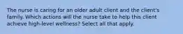 The nurse is caring for an older adult client and the client's family. Which actions will the nurse take to help this client achieve high-level wellness? Select all that apply.