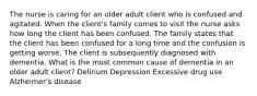 The nurse is caring for an older adult client who is confused and agitated. When the client's family comes to visit the nurse asks how long the client has been confused. The family states that the client has been confused for a long time and the confusion is getting worse. The client is subsequently diagnosed with dementia. What is the most common cause of dementia in an older adult client? Delirium Depression Excessive drug use Alzheimer's disease