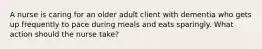 A nurse is caring for an older adult client with dementia who gets up frequently to pace during meals and eats sparingly. What action should the nurse take?