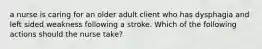 a nurse is caring for an older adult client who has dysphagia and left sided weakness following a stroke. Which of the following actions should the nurse take?